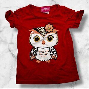 Girls Pink Toddler 3T Red Owl Graphic Tee Shirt With Ruffle Sleeves